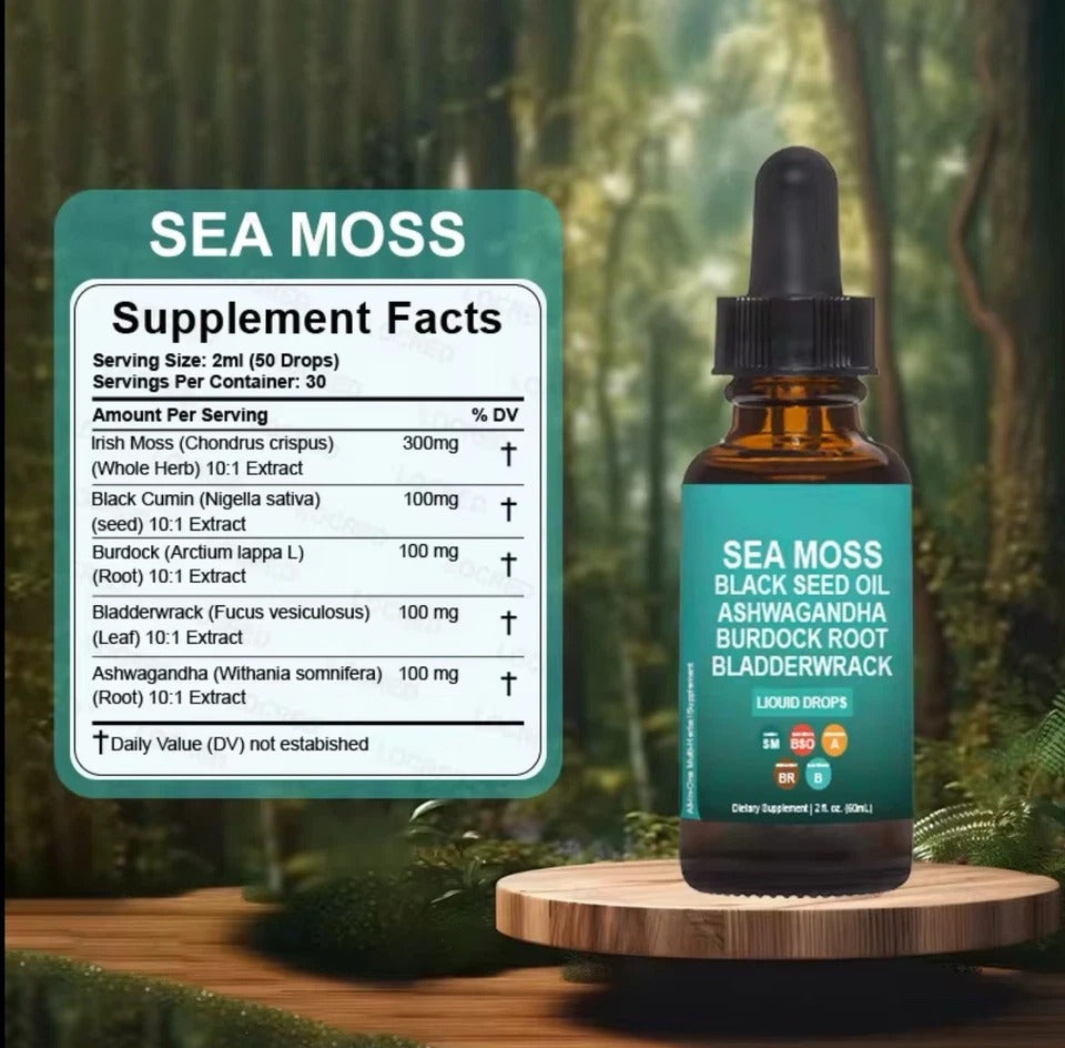 Sea Moss Liquid Drops Supplement with Black Seed Oil Ashwagandha Burdock Root &